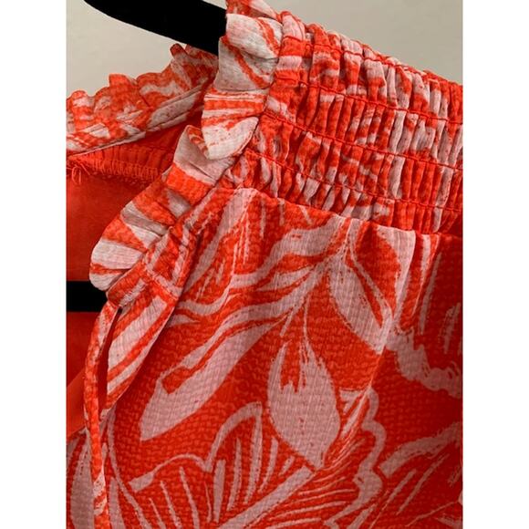 CeCe-Short Sleeve-Smocked Floral Blouse-V Neck Lined-Polyester-Orange-Women-M - Picture 5 of 6